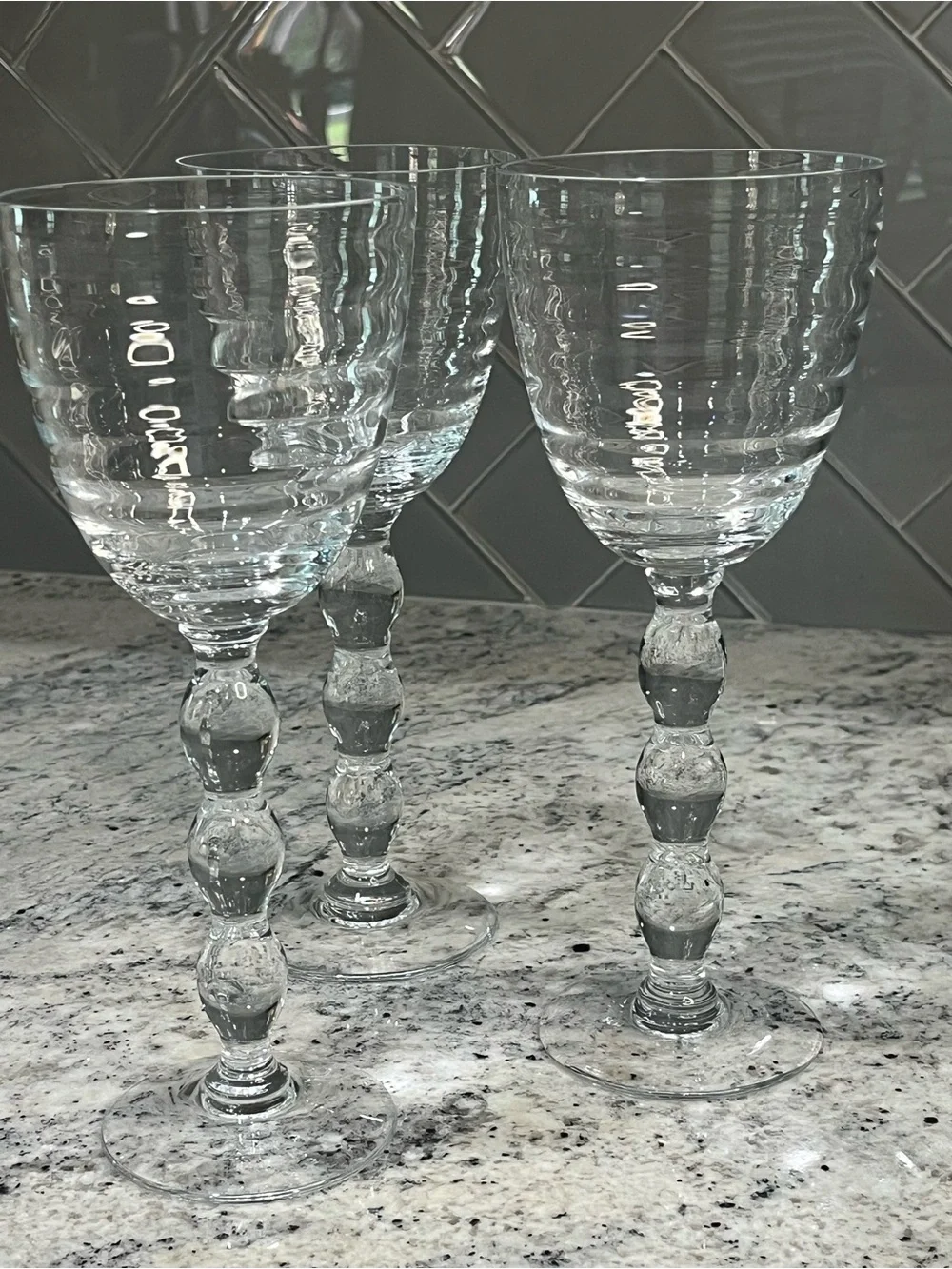 (3) Pottery Barn Asli Red Wine Glasses Set Clear Optic Bead Stemware Lot RARE